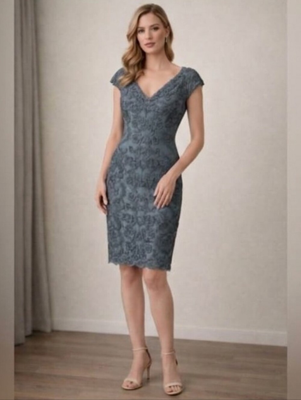 Tadashi Shoji Parker Floral Lace Dress in Steel Blue $378 Formal Occasion, Sz 10